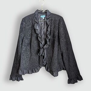 Très You Vintage Inspired Black Floral Embroidered Ruffle Blazer Blouse with tie